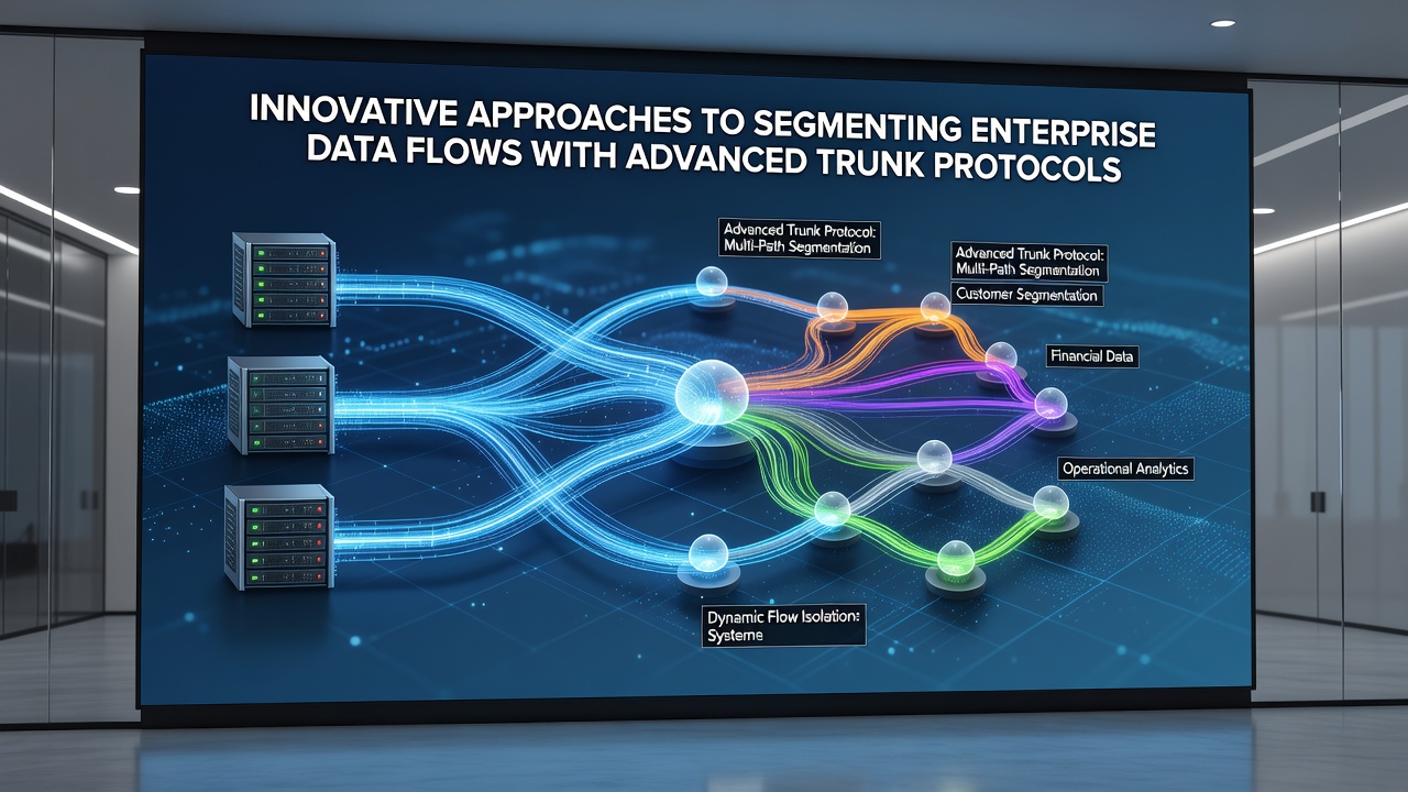 Network topology showing segmented data flows using advanced trunk protocols in an enterprise setting