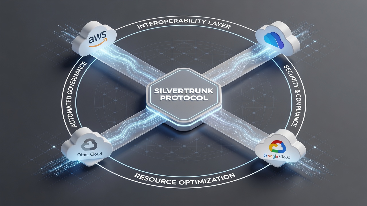 Network topology illustration of Silvertrunk Protocol managing traffic flows between AWS, Azure, and GCP environments